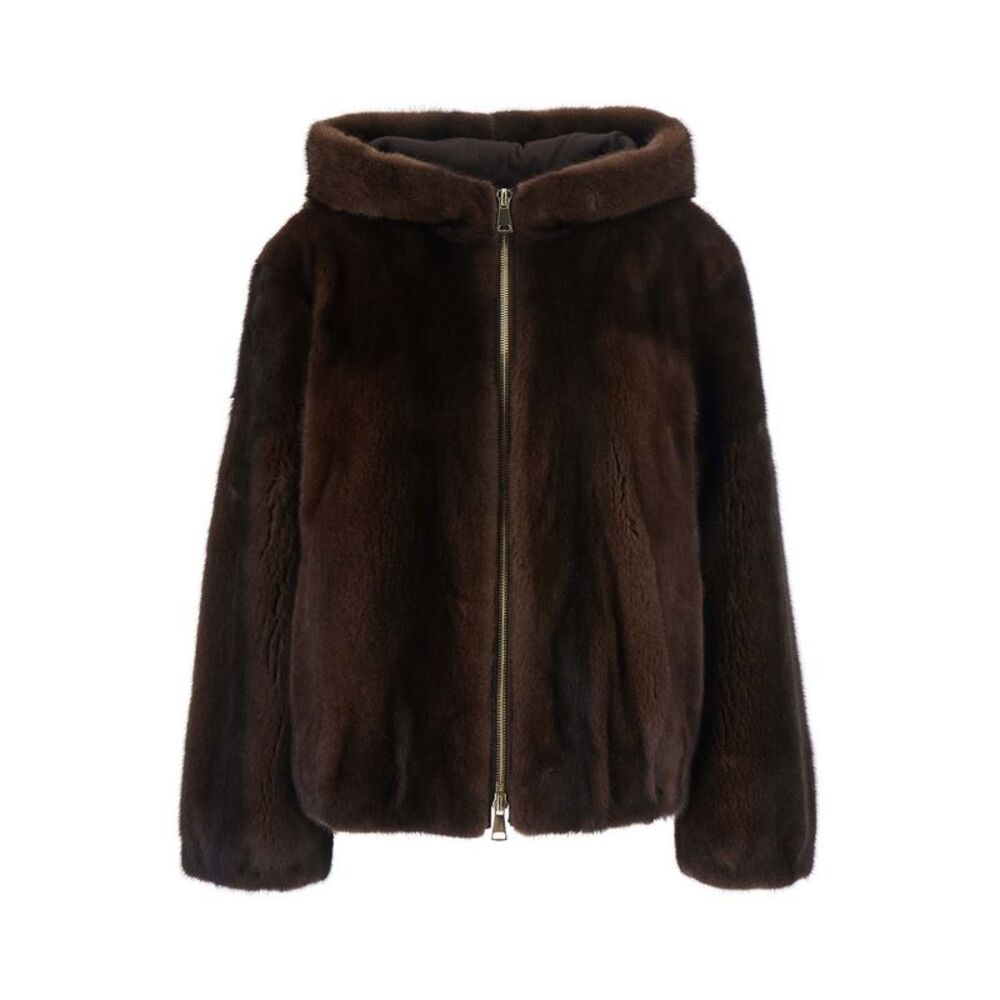 Suprema Women Brown Jacket With Zip Closure And Fixed Hood In Fur Women